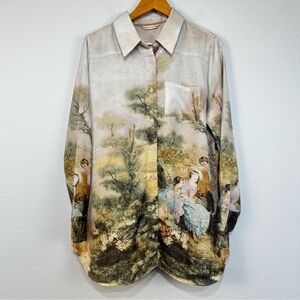 Scenic Classical ART Print Long-Sleeve Button-Up Shirt in Cream and Green
